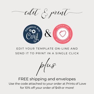 Puede incluir: Gr&aacute;fico color crema con las palabras "edit & print" en fuente cursiva. Incluye logotipos de Corjl y Prints of Love, junto con texto que promueve la edici&oacute;n e impresi&oacute;n de plantillas en l&iacute;nea. La imagen tambi&eacute;n menciona env&iacute;o gratuito.