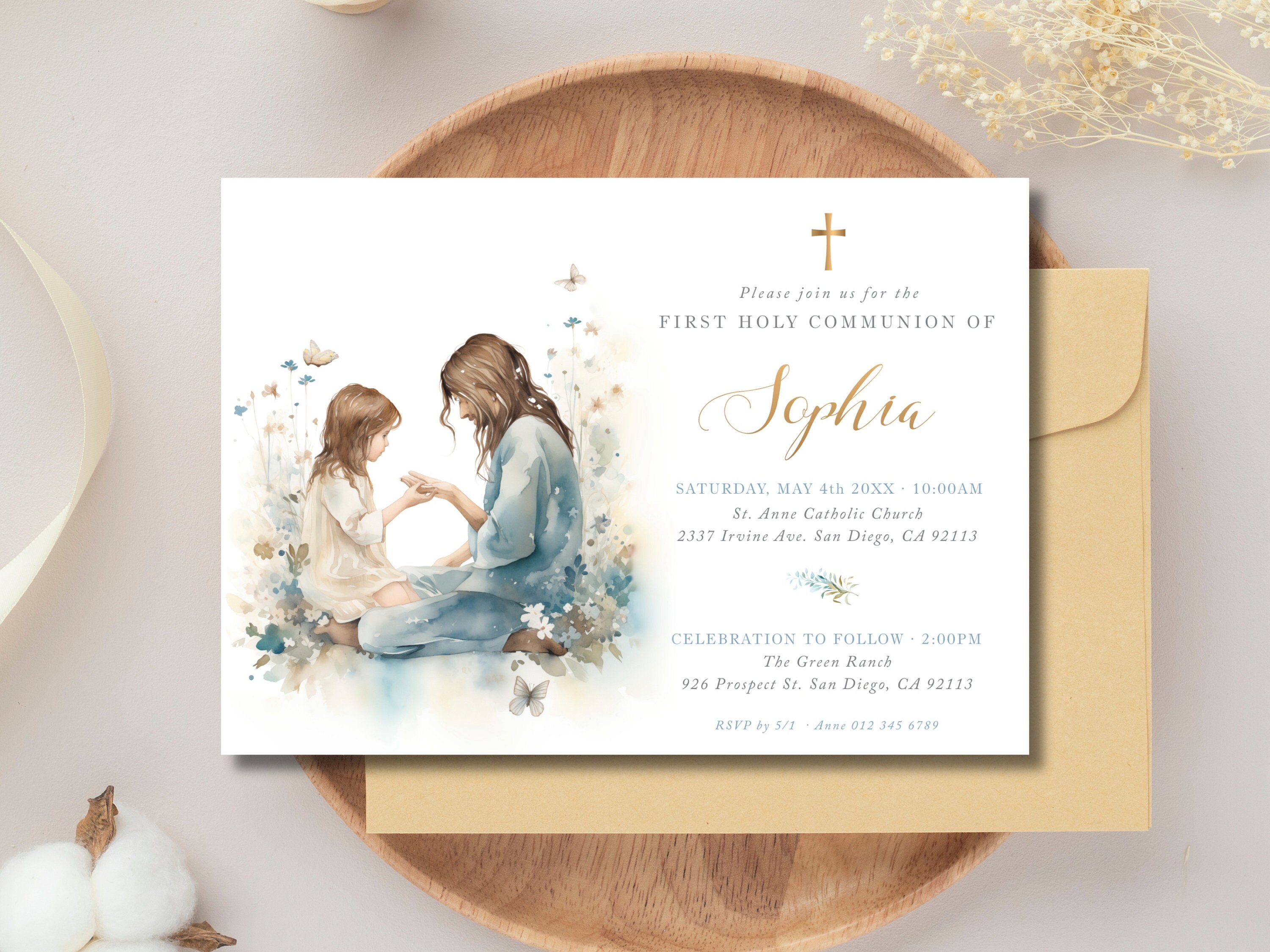 First Holy Communion Invitation Template for Girl, Jesus With a Girl ...