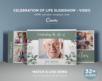 Funeral slideshow template for man, memorial video template, life tribute, celebration of life slide show, greenery funeral video - FM1