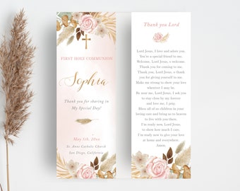 Boho First Communion bookmark template for girl with pink and mint flowers, prayer card, Editable Printable Communion Favor -CF92