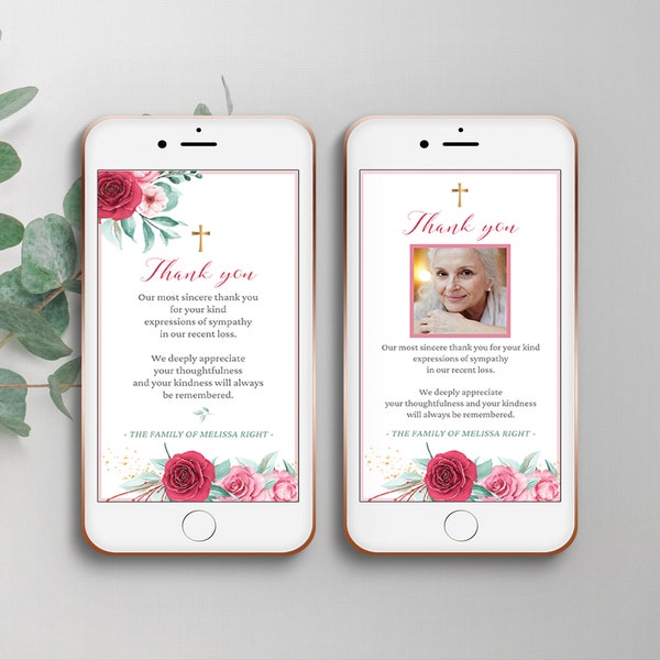 Editable electronic funeral thank you card, templates for woman, smartphone thankyou, digital photo card, celebration of life - FF20