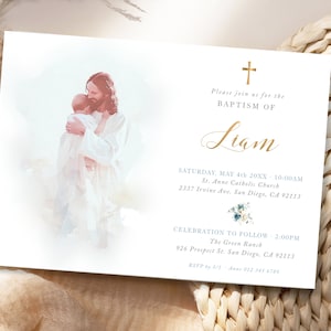 Invitation au baptême MODIFIABLE pour bébé garçon, Jésus avec nouveau-né, modèle de carte de baptême illustré doux - B9