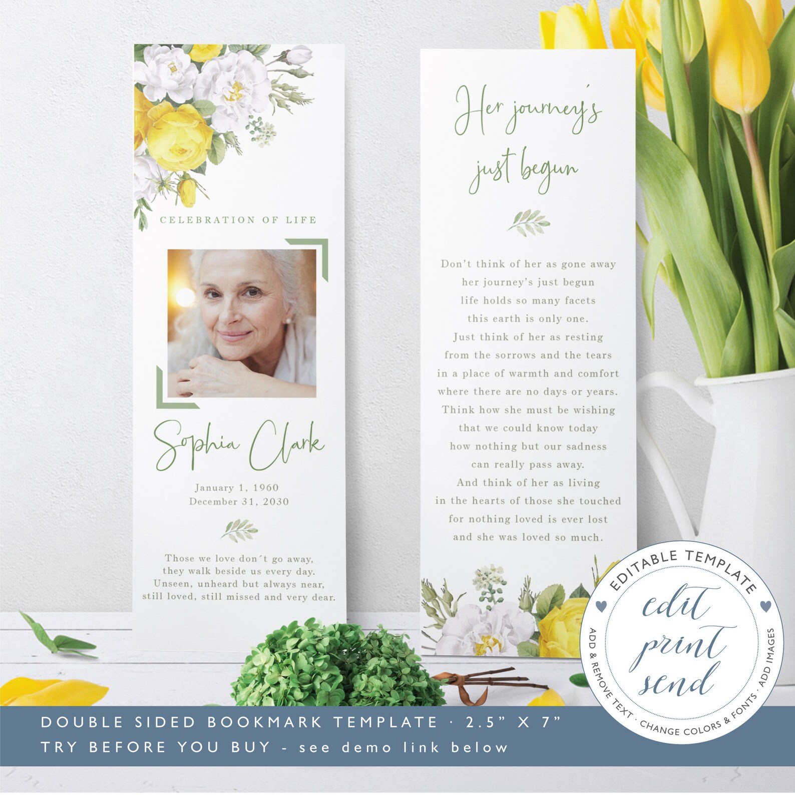 Yellow Roses Funeral Keepsake Template Celebration of Life Etsy UK