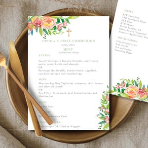 Menú de celebración de primera comunión, confirmación, plantilla editable menu para niña, flores de colores, números de mesa incluidos- CP64