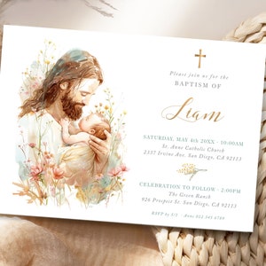 Invitation au baptême MODIFIABLE pour garçon ou fille, Jésus avec nouveau-né et fleurs sauvages, modèle de carte de baptême illustré - B10