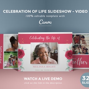 Editable Funeral slideshow template, memorial video with roses, life tribute presentation, celebration of life slide show - FF20