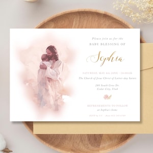 May include: Baby blessing invitation with an illustration of Jesus and a child, with the name "Sophia" in script. The invitation includes event details and is set against a soft, watercolour-style background.