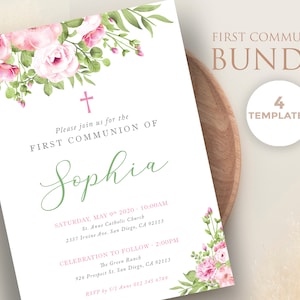 Primera comunion de niña con flores rosas, set de plantillas, invitacion, tarjeta regalos, tarjeta agradecimiento, poster - CF38