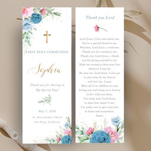 Editable Pink and blue roses First Communion bookmark for girl, prayer card template, Printable Communion Favor, Personalized Bookmark -CF73