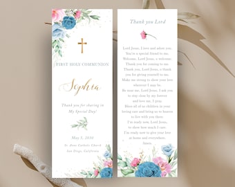 Editable Pink and blue roses First Communion bookmark for girl, prayer card template, Printable Communion Favor, Personalized Bookmark -CF73
