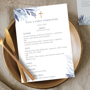 Menu de célébration de première communion, modèle modifiable, décoration de table, garçon de première communion, confirmation - CF81