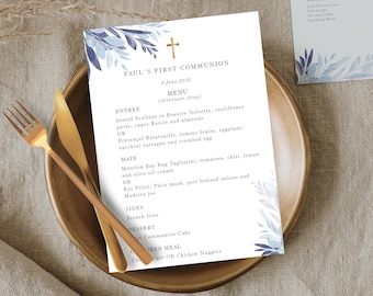 Blue leaves First communion menu template for boy, editable table decoration, Printable celebration menu card for boy - CF81
