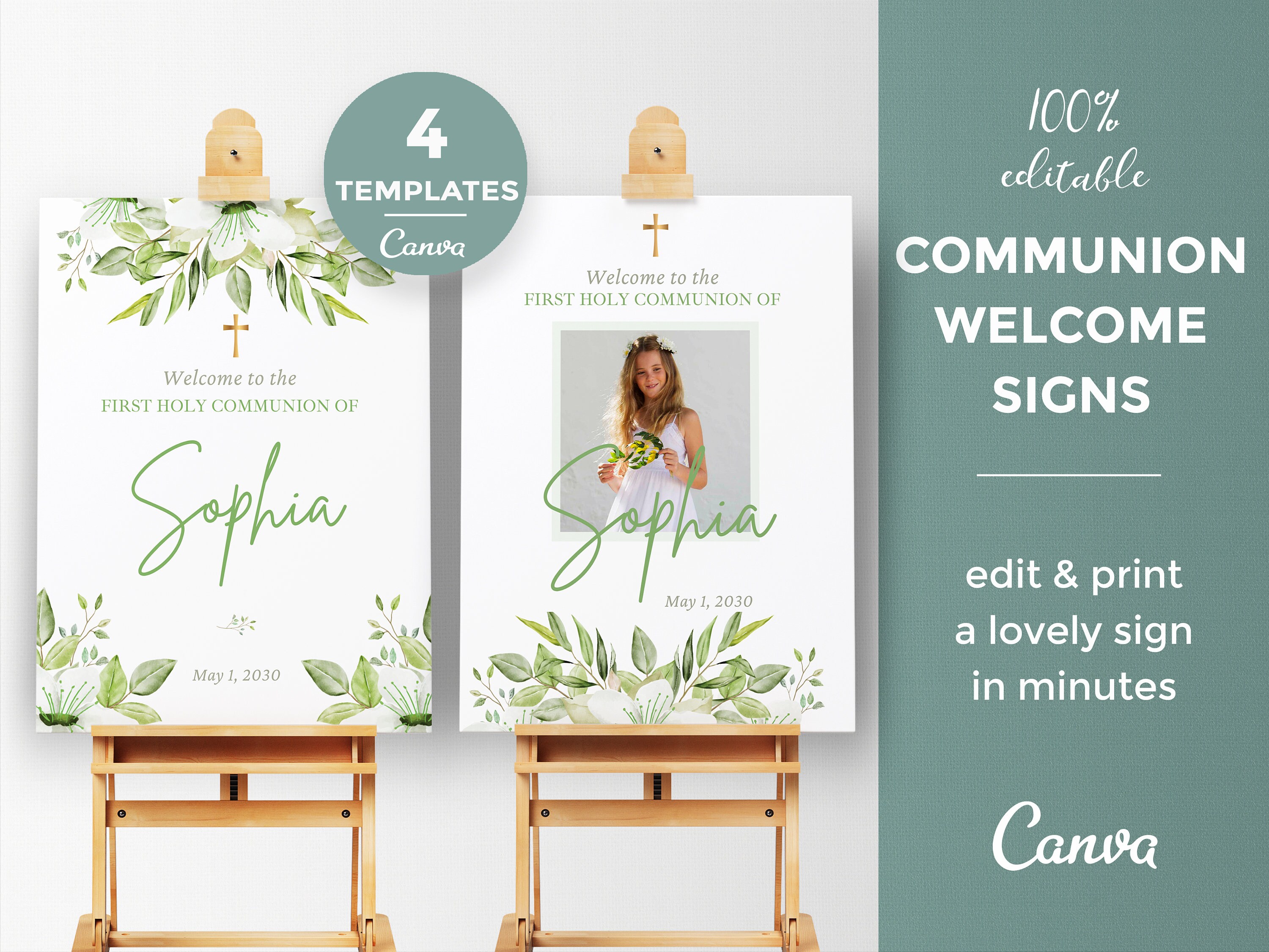 White flowers Communion Welcome Sign for girl, First Holy Communion Welcome Poster, Photo Sign template, Communion Decor, Set of 4 - CF67