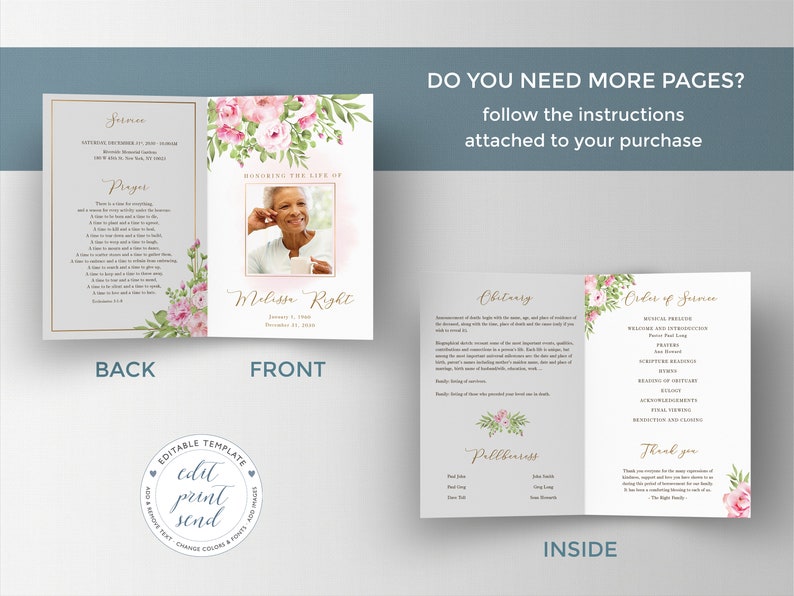 Pink Roses Funeral Program Template, Celebration of Life Floral Program ...