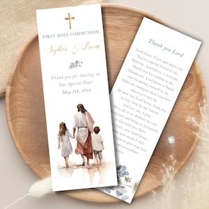 Marcapáginas de regalo de comunion EDITABLE para hermanos, Jesús con niño y niña de primera comunión, recuerdo de comunion, biblia CP92