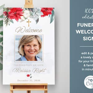 Christmas Celebration of life Sign, Printable Memorial Service Template, Editable Funeral welcome sign, In loving memory -FF45