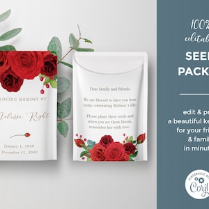 Modello di scatola regalo funebre con rose rosse, pacchetto di semi, modello modificabile, celebrazione funebre - FF58