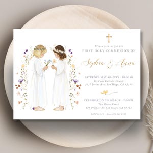 Invito alla Prima Comunione modificabile per sorelle, gemelli o gemelli fraterni con fiori di campo, modello di invito alla comunione - CP88