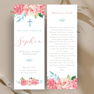 First Communion bookmark for girl, pink and blue communion prayer card template, Printable First Communion Favor, Editable- CF39