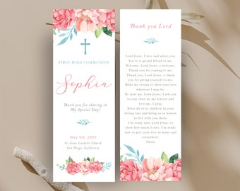 First Communion bookmark for girl, pink and blue communion prayer card template, Printable First Communion Favor, Editable- CF39