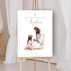 Cartel bienvenida comunion con Jesús  y una niña, hermanos, gemelos, PLANTILLA editable de cartel para celebración de comunión - CP42