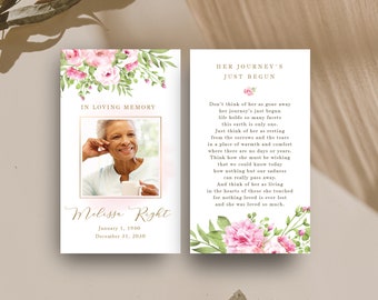 Pink roses funeral prayer card, Memorial Card for Remembrance template, Printable Memorial Prayer Card, Celebration of life favor - FF14