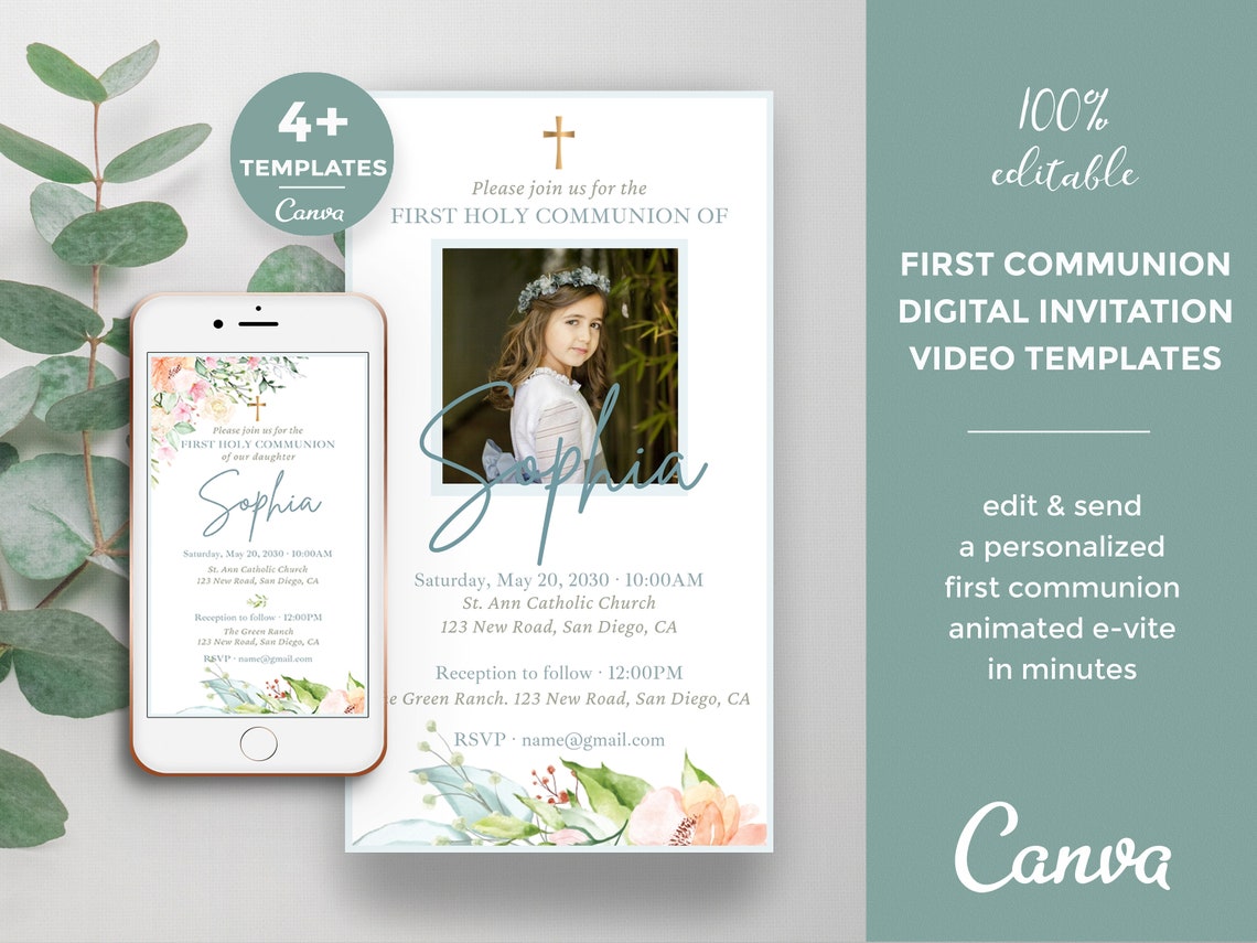 Digital First Communion invitation template animated | Etsy
