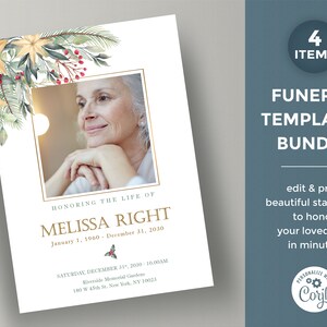 May include: A white funeral program template with a gold border and a watercolor illustration of holly and greenery. The text reads "Honoring the Life of Melissa Right, January 1, 1960 - December 31, 2030". The program also includes the date, time, and location of the funeral service.