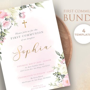 Primera comunion de niña con flores rosas, set de plantillas, invitacion, tarjeta regalos, tarjeta agradecimiento, poster - CF62