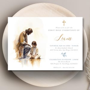Editierbare Erstkommunioneinladung für Jungen, Jesus mit Kind, Kommunioneinladungsvorlage - CP84