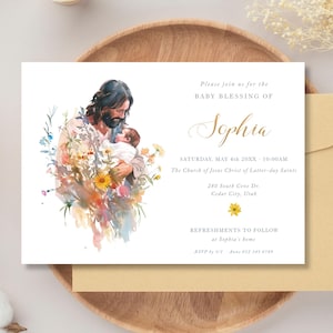 May include: A baby blessing invitation with a watercolour illustration of Jesus holding a baby, surrounded by flowers. The invitation includes the name "Sophia", date, time, and location details, with a gold envelope.