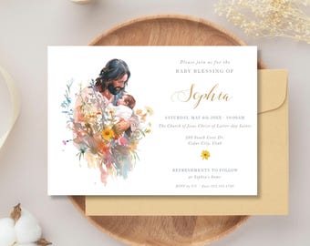 LDS Baby Blessing Invitation, Editable Template, Jesus & Baby Artwork, Baby Blessing Card, Mormon Invite, Blessing Announcement - LDS2BB