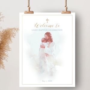 Cartel de bienvenida de celebracion bautizo de niño, Jesus con un bebe en sus brazos, PLANTILLA EDITABLE, decoración bautizo niño  - B9
