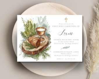 May include: First Holy Communion invitation with watercolor illustration of bread, chalice, and greenery. The invitation includes the name "Liam", event details, and RSVP information.