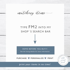 Pu&ograve; includere: Una grafica blu e bianca con il testo "matching items" e "TYPE FM2 INTO MY SHOP'S SEARCH BAR" con una freccia rivolta verso il basso. Il testo "DEMO BEFORE YOU BUY!!!" &egrave; in un riquadro blu. Il testo "PURCHASE PERSONALIZE PRINT" &egrave; in un riquadro blu. Il testo "print your items in no time!" &egrave; in un riquadro blu. Il testo "EDITABLE TEMPLATE edit print send" &egrave; in un cerchio blu.