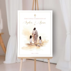 Cartel bienvenida comunion con Jesús  y dos niñas, hermanas, gemelas, PLANTILLA editable de cartel para celebración de comunión - CP91