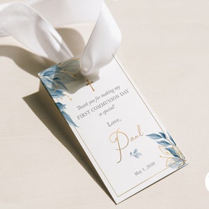 Carta regalo modificabile per la prima comunione del ragazzo, cresima, invito alla comunione con foglie blu, regali di comunione - CF69