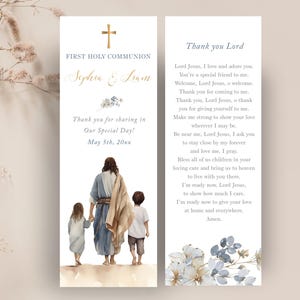 Marcapáginas de regalo de comunion EDITABLE para hermanos, Jesús con niño y niña de primera comunión, recuerdo de comunion, biblia CP78