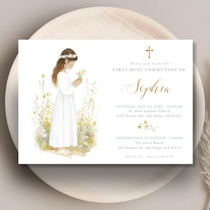 Invito alla prima comunione MODIFICABILE per bambina con illustrazione di bambina e fiori selvatici, modello di invito alla comunione CP67