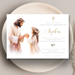 Invitation de première communion modifiable pour une fille avec une illustration d'une fille avec Jésus et des fleurs roses, modèle d'invitation de communion - CP40