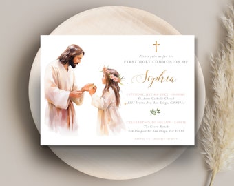 Jesus and a First Holy Communion girl invitation TEMPLATE, editable invite, boho watercolor illustration, a child of God - CP40