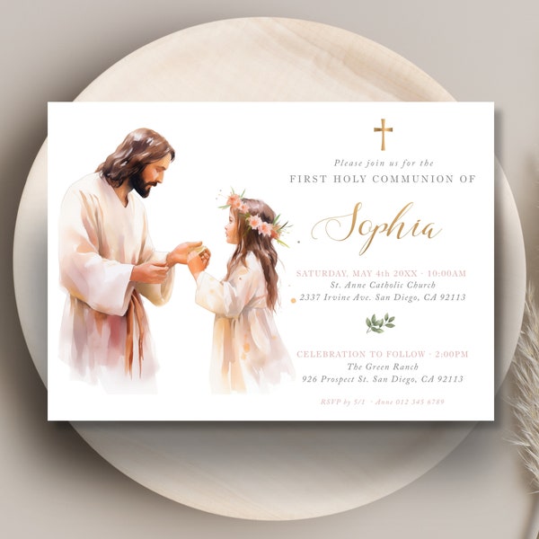 Invitacion EDITABLE de primera comunion para niña con ilustración de niña con Jesús y flores rosas, plantilla de invitacion comunion - CP40