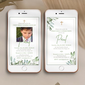 Könnte beinhalten: Eine digitale Einladung zur Ersten Heiligen Kommunion mit einem grünen Blatt-Rand und einem Foto eines jungen Jungen. Die Einladung enthält den Namen des Jungen, Paul, das Datum und die Uhrzeit der Veranstaltung sowie den Ort der Kirche und des Empfangs. Der Text lautet: "Bitte nehmen Sie an der Ersten Heiligen Kommunion unseres Sohnes Paul teil. Samstag, 20. Mai 2020 - 10:00 Uhr St. Ann Catholic Church 123 New Road, San Diego, CA Empfang im Anschluss 12:00 Uhr The Green Ranch 123 New Road, San Diego, CA RSVP: name@email.com"