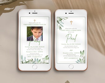 Digital First Communion invitation template for boy, animated invitation with olive leaves, smartphone e-vite, video announcement- CF68