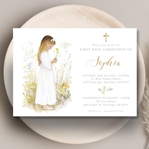 Invito alla prima comunione MODIFICABILE per bambina con illustrazione di bambina e fiori selvatici, modello di invito alla comunione - CP71