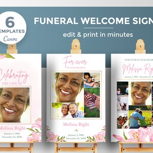 Cartel funeral editable flores hibiscus rosas, photo collage para funeral, celebración misa funeral, decoración funeral mujer - FF52