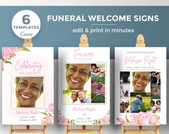 Funeral Welcome Sign Templates for woman, funeral photo collage,  Memorial poster, Celebration of Life decor, photo display -FF52