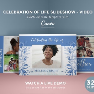 Blue floral Funeral slideshow template, memorial video template, life tribute presentation, celebration of life template - FF56