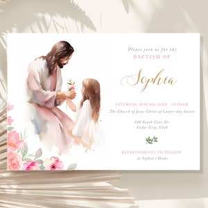 Puede incluir: Una ilustración de acuarela de Jesús y una niña sosteniendo flores. El texto dice "Por favor, únase a nosotros para el bautismo de Sophia, sábado 4 de mayo de 20XX - 10:00 AM, La Iglesia de Jesucristo de los Santos de los Últimos Días, 280 South Cove Dr., Cedar City, Utah, Refrescos después en la casa de Sophia."