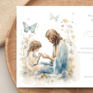 Puede incluir: Una ilustración de acuarela de Jesús y una niña con una corona de flores, rodeados de mariposas y flores. El texto dice "Por favor, únase a nosotros Bautismo Sophia SÁBADO, 4 DE MAYO DE 2021 La Iglesia de Jesucristo de 280 South Cove Cedar City, UT REFRESCOS A en Sophia's Ho"